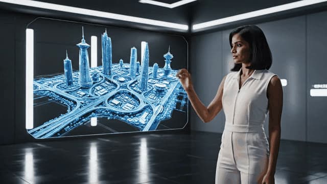 A futuristic architect showcases a holographic city blueprint, swiping through towering skyscrapers and intricate roadways with smooth gestures, merging digital design with tangible reality.