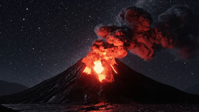 A 3D animated scene of a volcanic eruption at night, molten lava flowing down the mountainside, illuminating the dark sky with fiery reds and oranges while ash clouds billow into the atmosphere.