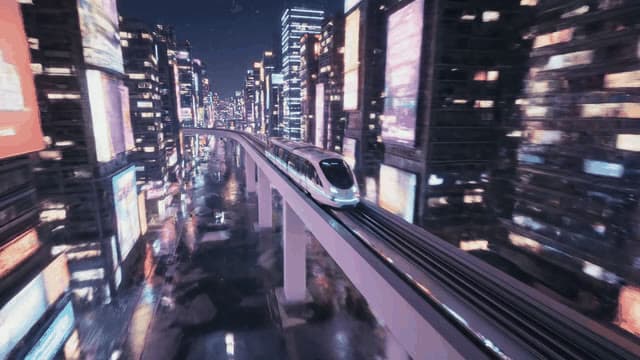 A cinematic aerial shot of a futuristic monorail weaving through a sprawling neon-lit metropolis at night, city lights streaking by in a dazzling blur.