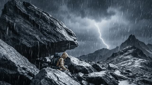 A thunderstorm on a remote mountain peak: lightning illuminates dark clouds as rain lashes the rocky terrain. The camera sweeps around the lone hiker seeking shelter, showcasing dramatic sky and ru...