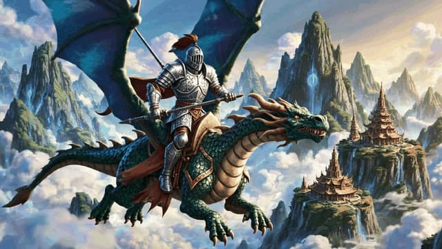 A 2D animation of a brave knight riding a dragon over a mystical mountain range. Vibrant colors highlight shimmering clouds and ancient temples below, with the knight’s armor gleaming in the sunlight.