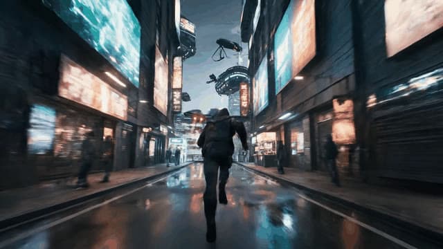 A daring escape through a neon-lit cyberpunk city at night. The protagonist weaves between towering skyscrapers as drones hunt, then leaps onto a hovering motorcycle and races into the vibrant skyl...