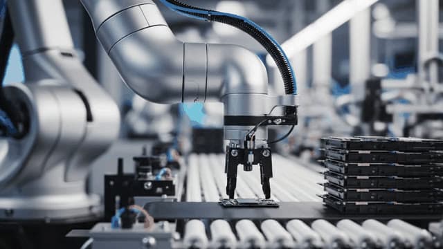 A cinematic slow-motion shot of a robotic arm assembling sleek electronics on a high-speed line, showcasing precise, flawless movements as devices stack neatly. Emphasizing the efficiency and advan...