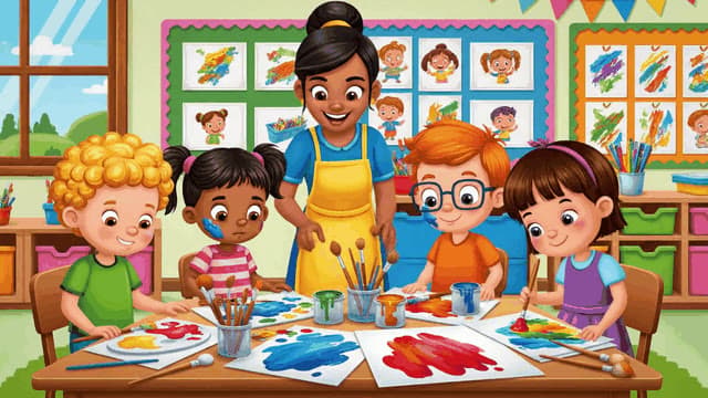 A 2D animated scene of a kindergarten teacher guiding excited children through a colorful art project, their hands busy with paints and smiles bright, infusing the classroom with joyful creativity.