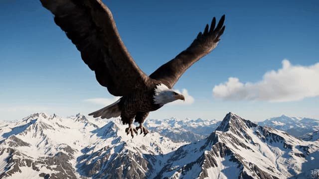 A majestic eagle soaring above snow-capped mountains. Its wings spread wide against the clear blue sky, scanning the rugged terrain below with sharp, focused eyes.