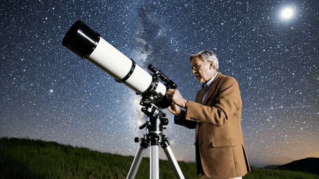 A dramatic shot of an astronomy professor adjusting a large telescope under a starry night sky, while students gather around, mesmerized by the celestial view unfolding before them.