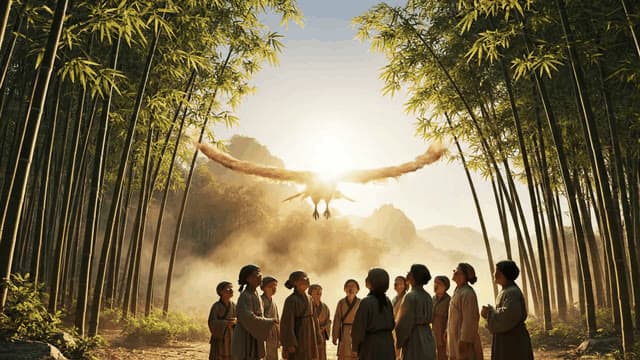 A majestic phoenix ascending above a tranquil bamboo forest at sunrise. Its vibrant plumage glows brightly as it spreads its wings, casting shimmering light over the serene landscape where villager...
