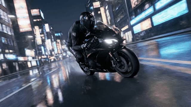 A hyper-realistic view of a motorcycle racing through a neon-lit city at night, reflecting on wet streets. The camera follows closely as the rider leans into sharp turns, capturing speed and agility.