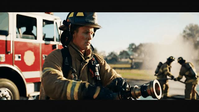 A day in a firefighter's life, from early morning training to intense blaze emergencies. Contrast calm drills with chaotic fires. Show close-ups of equipment, urgent calls, and heroic extinguishing...