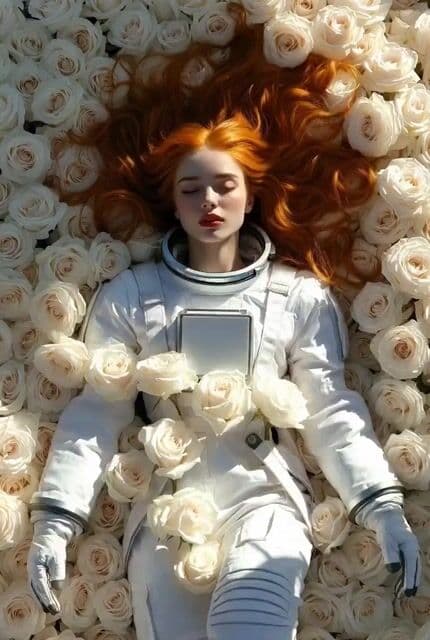 Astronaut Sleeping Among White Roses